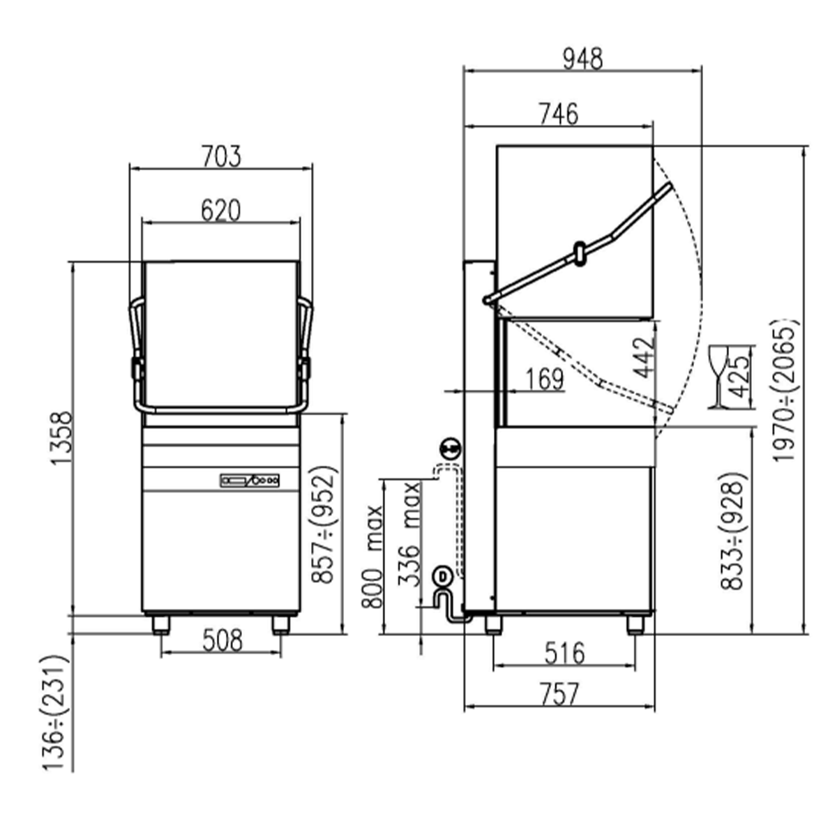 Aristarco Pass Through Dishwasher 500mm Basket with Break Tank