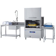 Mach Rack Conveyor Dishwasher Corner Bundle with Prewash Sink & Roller Tabling